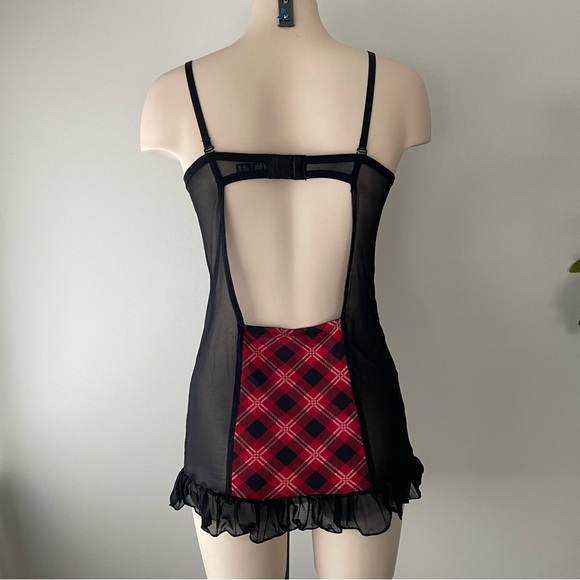 Hustler Lingerie Plaid Tartan Check Mesh Convertible Babydoll Red Black - Picture 2 of 8